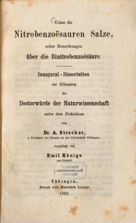 Ueber die Nitrobenzoësauren Salze, nebst Bemerkungen über die Binitrobenzoësäure : Inaug. Diss.