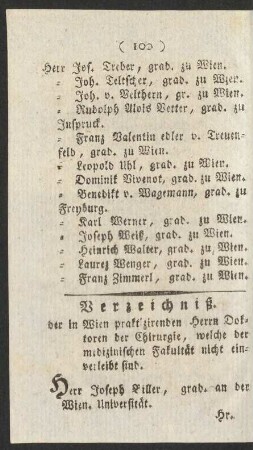 Verzeichniß der in Wien praktizirenden Herrn Doktoren der Chirurgie, ...