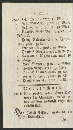 Verzeichniß der in Wien praktizirenden Herrn Doktoren der Chirurgie, ...
