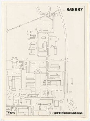 Hochschulbibliothek, Karlsruhe Neubau: Verkehrserschließung, Lageplan, 1:4000