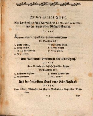 Verzeichniß aller derer, welche sich in der churfürstlich öffentlichen französisch und deutschen Arbeitsfrauenzimmerschule ... ausgezeichnet haben. 1801