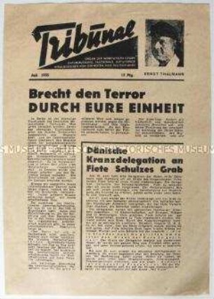 Flugblatt-Ausgabe der Exilzeitung "Tribunal" mit der Aufforderung zur antifaschistischen Einheitsfront