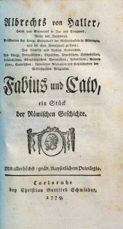 Albrechts von Haller ... Fabius und Cato : ein Stück der römischen Geschichte