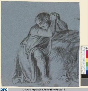 Alttestamentarische Figur: An einem Felsblock Knieender, Betender (Moses?)