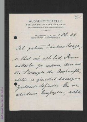 Brief von Jenny Apolant an Helene Lange