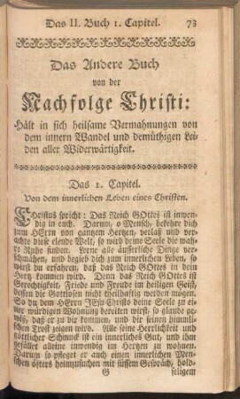 Das Andere Buch von der Nachfolge Christi: Hält in sich heilsame Vermahnungen von dem innern Wandel und demüthigen Leiden aller Widerwärtigkeit