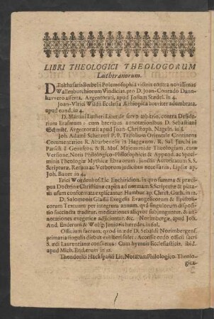 Libri Theologici Theologorum Lutheranorum.