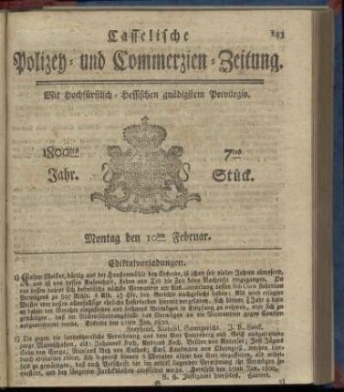 7tes Stueck, Montag den 10ten Februar 1800