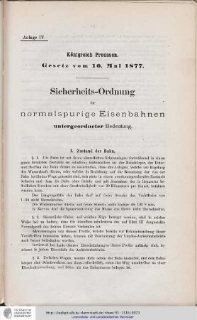 Anlage IV. Königreich Preussen. Gesetz vom 10 Mai 1877. Sicherheits-Ordnung für normalspurige Eisenbahnen untergeordneter Bedeutung.