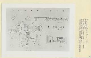 Kuranlage (Diplomarbeit bei Willy Kreuer): Kurhaus, Grundriss Erdgeschoss, Schnitte 1:200 und Perspektivische Ansicht Eisbar