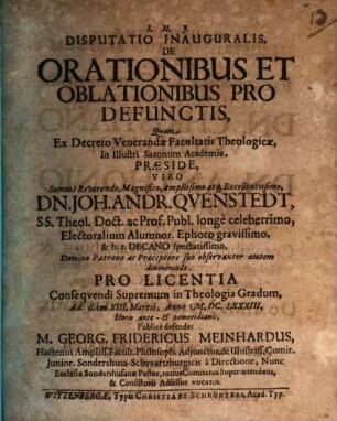 Disputatio inauguralis, de orationibus et oblationibus pro defunctis