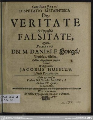 Disputatio metaphysica de veritate ex opposita falsitate