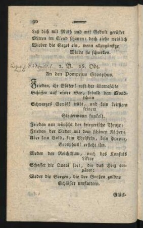 2. B. 16. Ode. An den Pompejus Grosphus