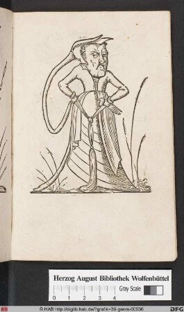 Rabelais, Les Songes Drolatiques de Pantagruel, XXXV [Karikatur eines mit einem Kleid bekleideten Mannes mit trichterförmiger Kopfbedeckung]