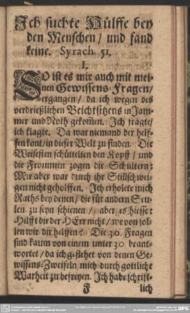 Ich suchte Hülffe bey den Menschen, und fand keine. Syrach. 51.