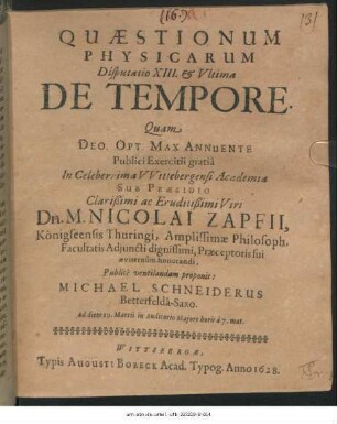 Quaestionum Physicarum Disputatio XIII. & Ultima De Tempore