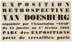 Einladungskarte, Exposition rétrospective van Doesburg organisée par l'Association "1940" du 15 janvier au 1er février 1932. Paris. handschriftlich adressiert an Hannah Höch, ohne Absender