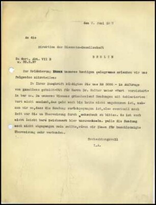 Schreiben (Durchschlag); DAI Athen an Direktion der Disconto-Gesellschaft