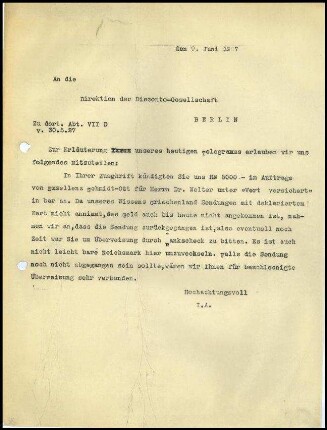 Schreiben (Durchschlag); DAI Athen an Direktion der Disconto-Gesellschaft