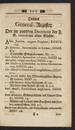 Drittes General-Register Der im vierdten Decennio der F. S. recensirten alten Bücher.