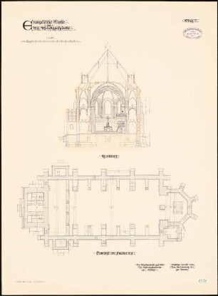 Evangelische Kirche, Alt-Markgrafpieske: Querschnitt, Grundriss der Fundamente 1:100