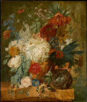 Stillleben mit Blumenstrauss und Vogelnest