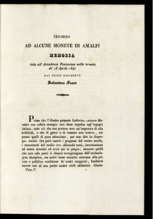 Intorno Ad Alcune Monete Di Amalfi Memoria letta all' Accademia Pontaniana nella tornata de' 18 Aprile 1841