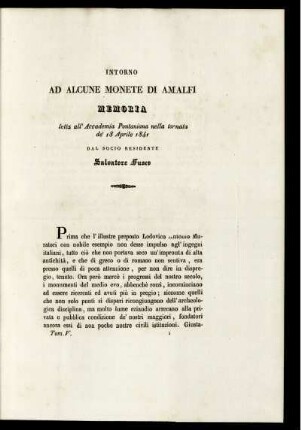 Intorno Ad Alcune Monete Di Amalfi Memoria letta all' Accademia Pontaniana nella tornata de' 18 Aprile 1841