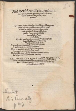 Ars versificandi et carminum condendorum cum quantitatibus syllabarum Henrici Bebelii Iustingensis poetae laureati