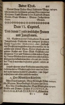 Das VI. Capitel. Von denen Tituln weltlicher Frauen und Jungfrauen.