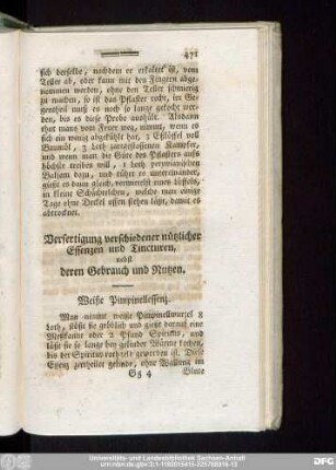 Verfertigung verschiedener nützlicher Essenzen und Tincturen, nebst deren Gebrauch und Nutzen.