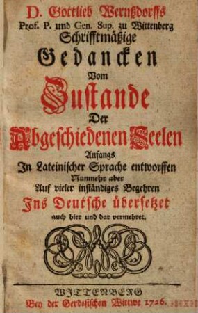 Schrifftmäßige Gedancken vom Zustande der Abgeschiedenen Seelen