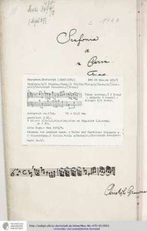 Sinfonia / a / 2 Clarin. / Tymp. / 2 Violin / Viola / e / Cembalo / [Incipit] / Christoph Graupner.
