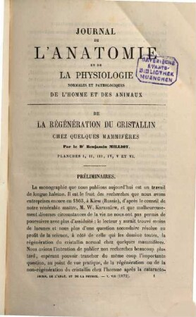 Journal de l'anatomie et de la physiologie normales et pathologiques de l'homme et des animaux, 8. 1872
