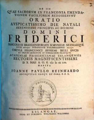 De Iis, Qvae Sacrorvm In Franconia Emendationem Faciliorem Reddidervnt, Oratio