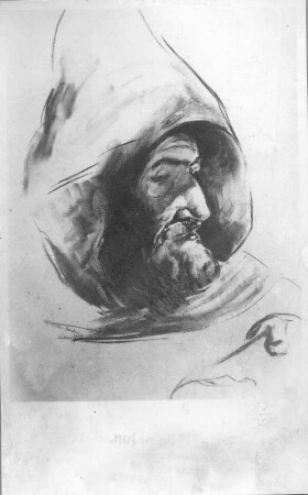 Porträt von Hans Richter in Mönchskutte : Prof. Dr. vet. Hans Richter - mein Mann (Porträt von Hans Richter in Mönchskutte). Kohlezeichnung (1938; E. Richter). Dresden-Südvorstadt, Eisenstuckstraße, Atelier der Künstlerin