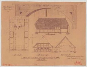 Straßen (Kreis Ludwigslust): Bauernhaus. - Haupthaus (Grundriss, Ansicht, Schnitte). - Torbogen (Detailansicht)