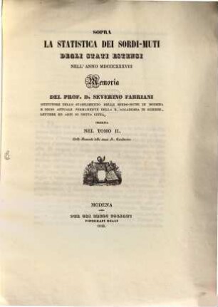 Sopra la statistica dei sordi-muti degli stati Estensi nell'anno 1838