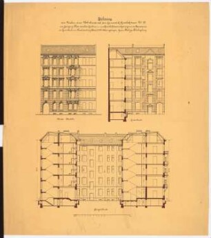 Wohnhaus P. Bloch III Knesebeckstraße 20-22, Berlin-Charlottenburg: Knesebeckstraße 20: Vorderansicht, Längsschnitt, Querschnitt