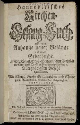 Hannöverisches Kirchen-Gesang-Buch : nebst einem Anhange neuer Gesänge und einem Gebetbuche