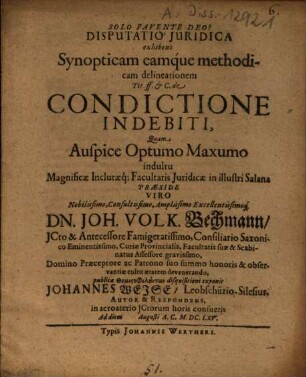 Disputatio iuridica exhibens synopticam eamque methodicam delineationem tit. ff. & c. de condictione indebiti