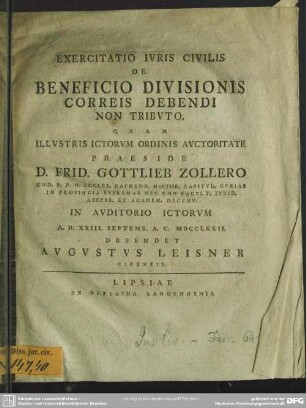 Exercitatio Iuris Civilis De Beneficio Divisionis Correis Debendi Non Tributo
