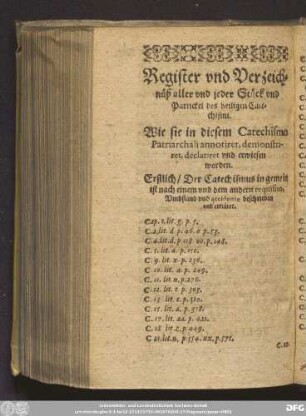 Register vnd Verzeichnüß aller vnd jeder Stück vnd Partickel des heiligen Catechismi.