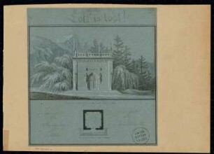 Erbbegräbnis Monatskonkurrenz Juni 1829: Grundriss Erdgeschoss, Aufriss Vorderansicht; Maßstabsleiste