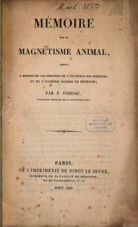Mémoire sur le magnétisme animal
