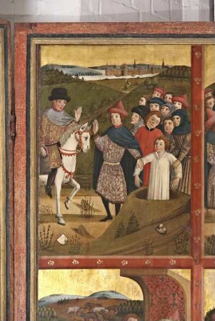 Hauptaltar, sog. Erzväteraltar — Szenen der Geschichte der Erzväter — Rechter, äußerer Altarflügel (Innenseite) mit vier Bildfeldern — Joseph wird aus dem Brunnen gezogen und von seinen Brüdern verkauft