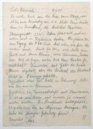 Brief von Kurt Schwitters an Hannah Höch Höch [und Til Brugman]. [Den Haag]