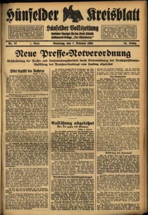 Erste Ausgabe vom Dienstag, den 07. Februar 1933.