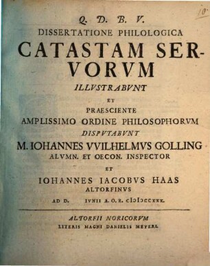 Dissertatione philol. catastam servorum