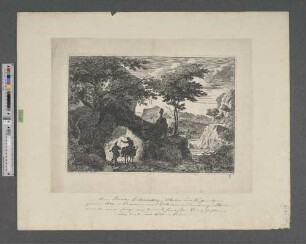 [Zwei Wanderer mit Esel in einer Felsenlandschaft]